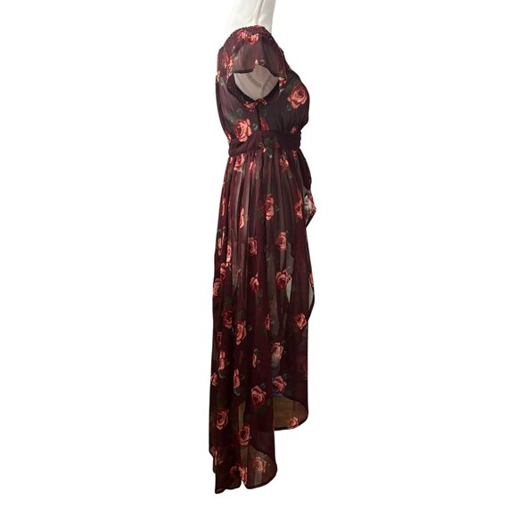 Floral Sheer Burgundy High-Low Maxi Kimono With Off-Shoulder Design Size S - Picture 4 of 10